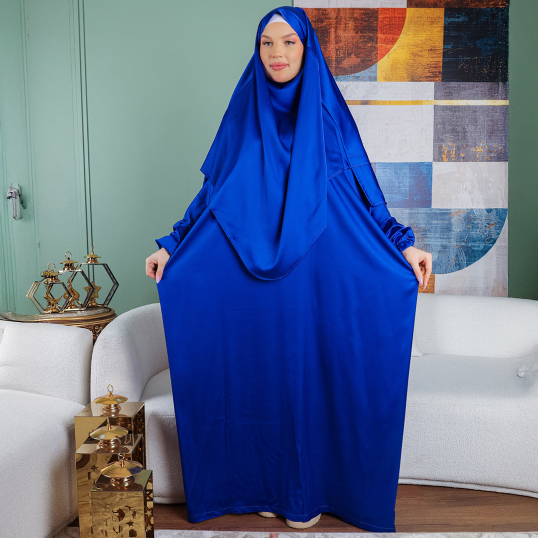 French - Practical plain silky satin prayer dress with headscarf