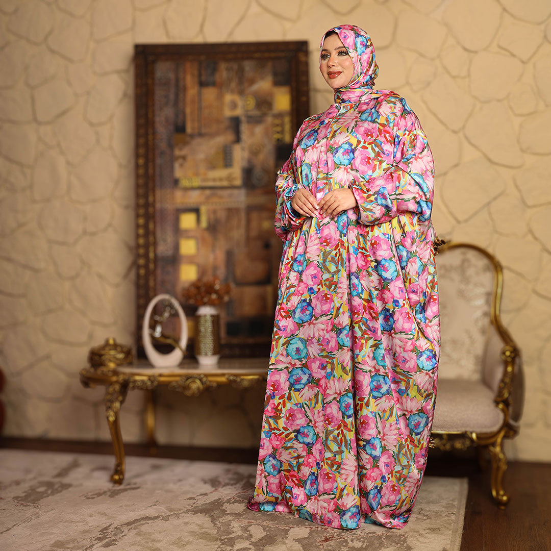 Practical Printed - silky satin prayer dress with headscarf