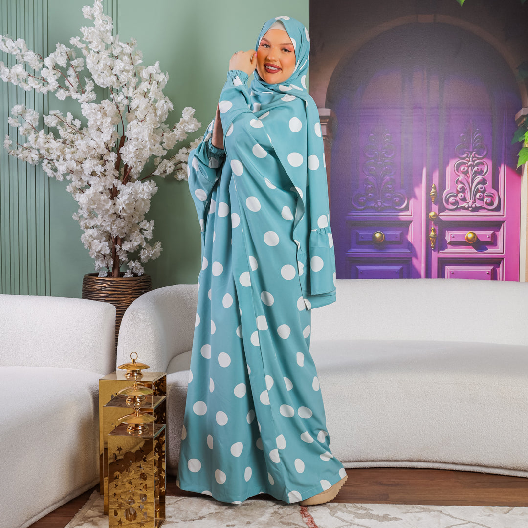 Practical  Soft  prayer dress- polka dot with headscarf