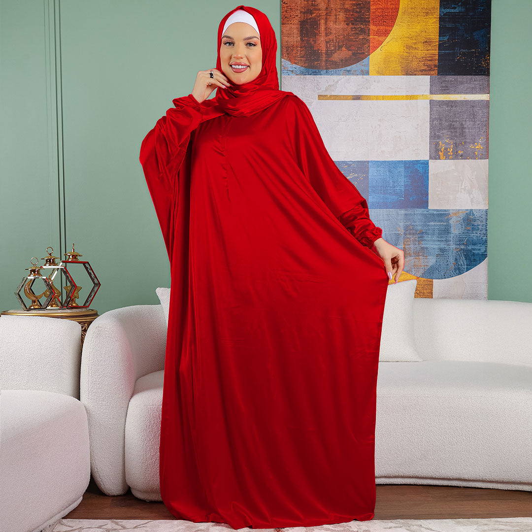 أرماني - ثوب صلاة حرير ستان  ساده عملي مع غطاء الرأس