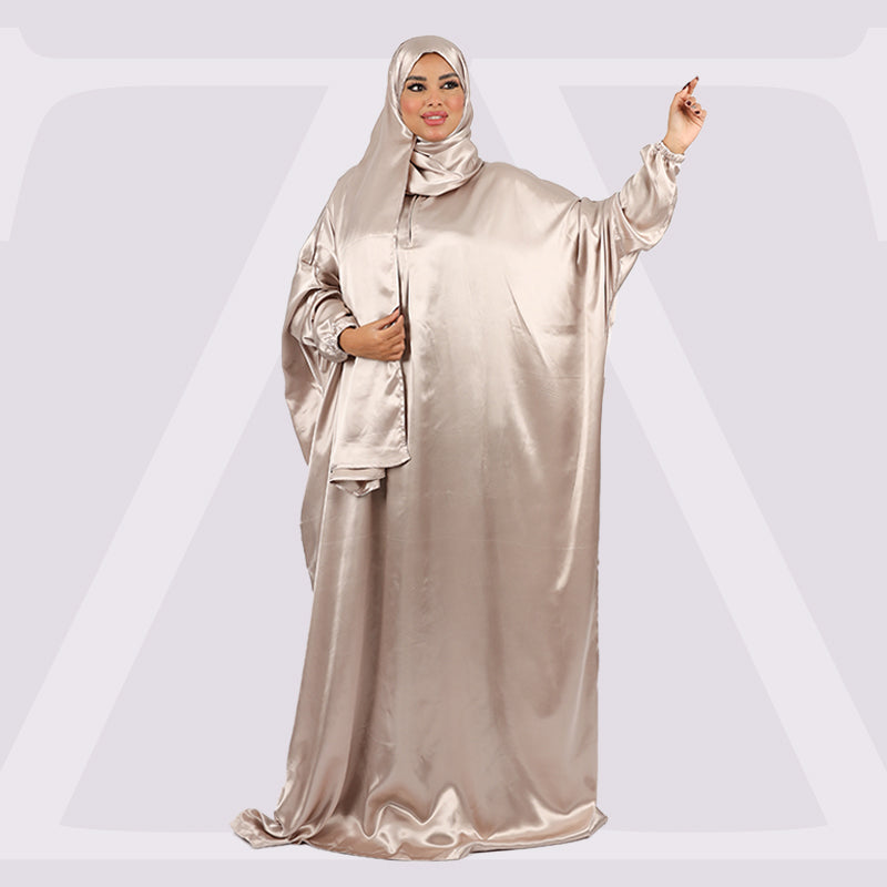 ثوب صلاة حرير ستان  ساده عملي مع غطاء الرأس